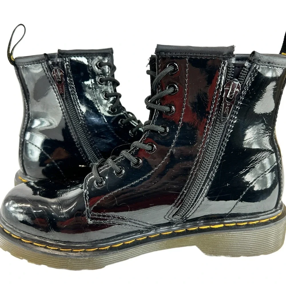 Dr. Martens 1460 J Patent Leather Lace Up Side Zip Ankle Boots Black Kids Size 3